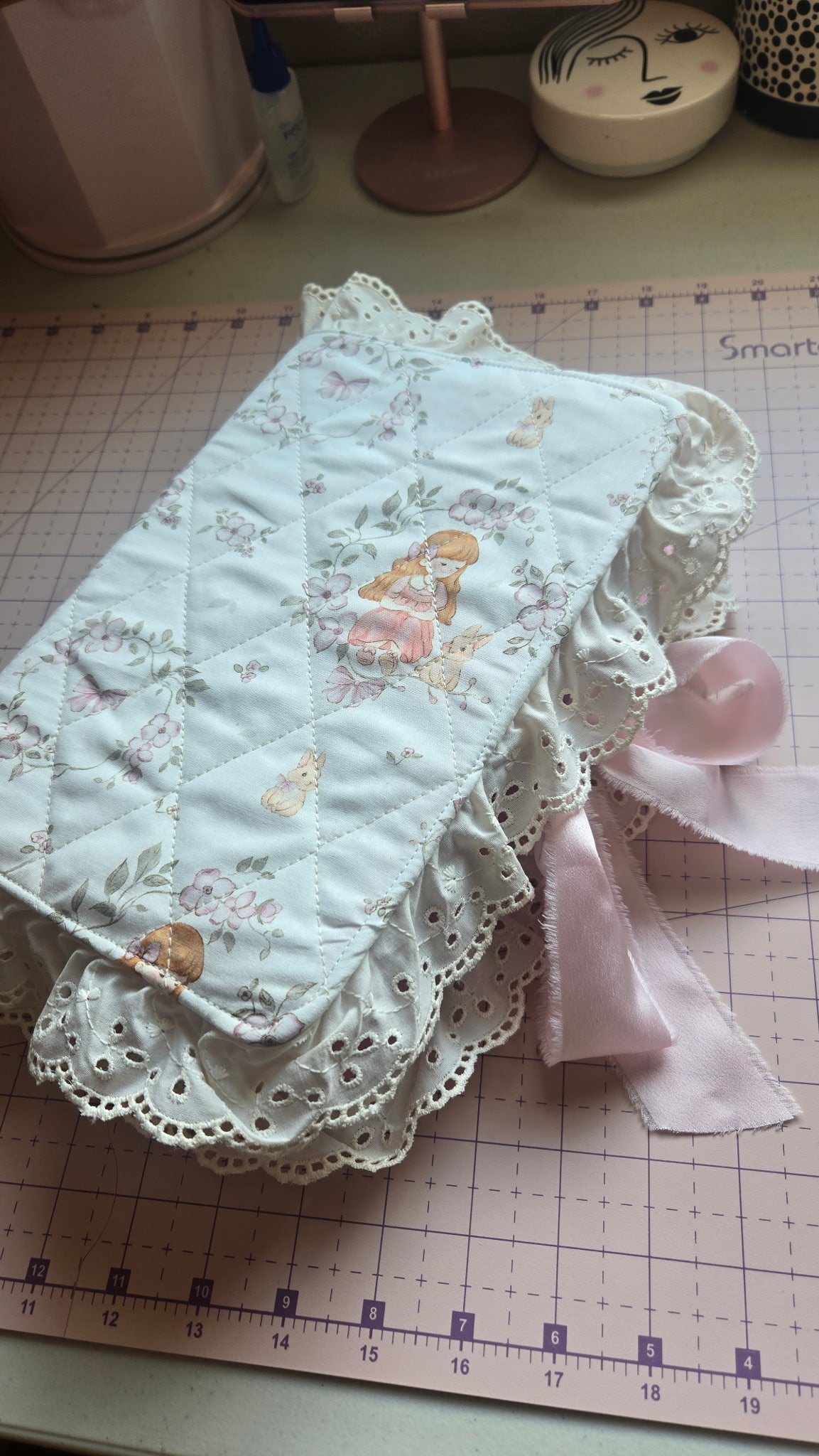 Quilted Bible Cover Cute Girl and Bunny Print Pink Satin Bow White Lace for Women & Girls