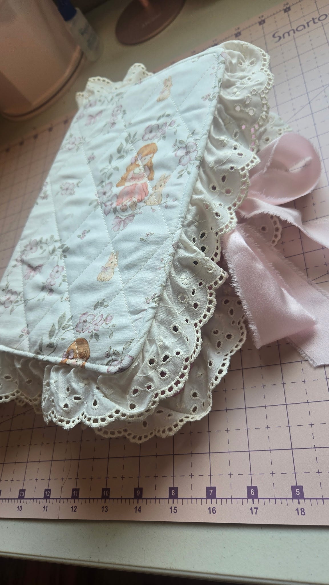 Quilted Bible Cover Cute Girl and Bunny Print Pink Satin Bow White Lace for Women & Girls