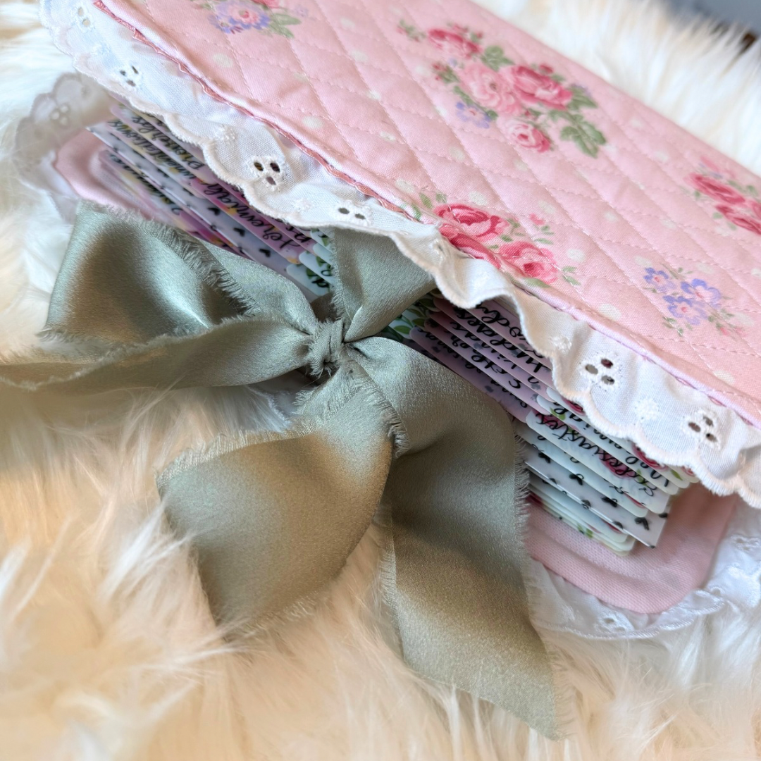 Pink Floral Quilted Bible Cover with Lace Trim and Satin Bow – Feminine Bible Case, Gift for Her