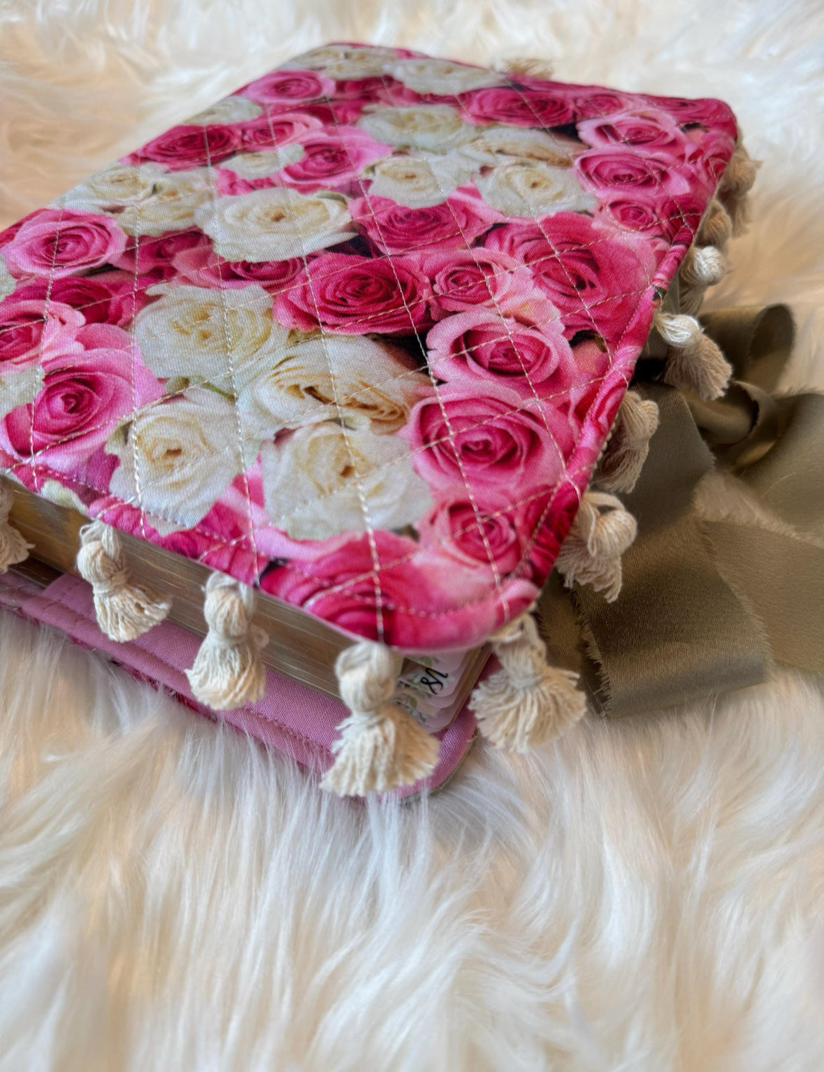 Handmade Quilted Bible Cover – Pink Rose Print, Polka Dot Lining, Tassels & Green Satin Bow
