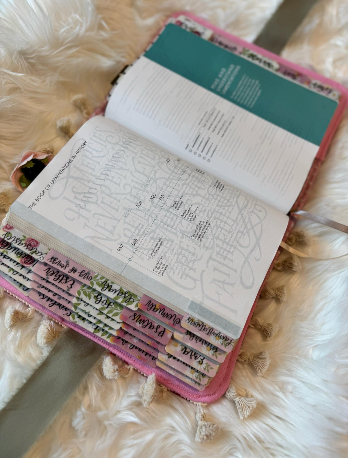 Handmade Quilted Bible Cover – Pink Rose Print, Polka Dot Lining, Tassels & Green Satin Bow