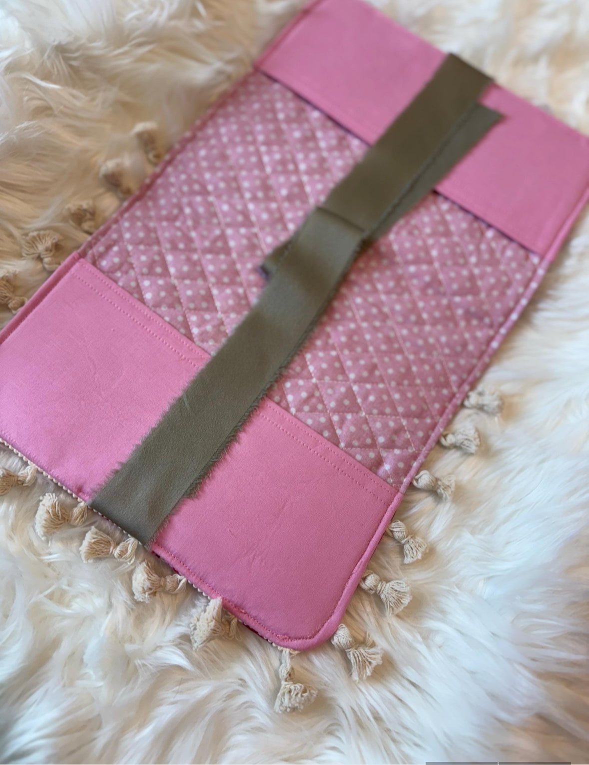 Handmade Quilted Bible Cover – Pink Rose Print, Polka Dot Lining, Tassels & Green Satin Bow