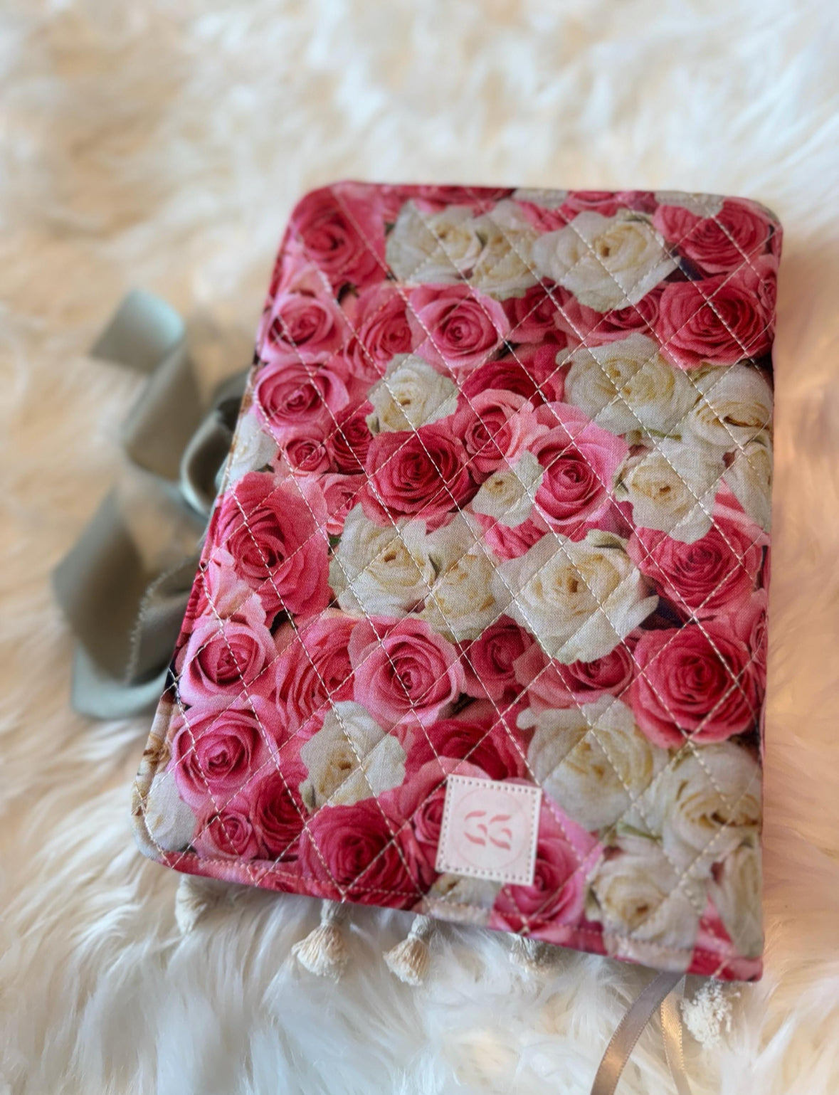 Handmade Quilted Bible Cover – Pink Rose Print, Polka Dot Lining, Tassels & Green Satin Bow