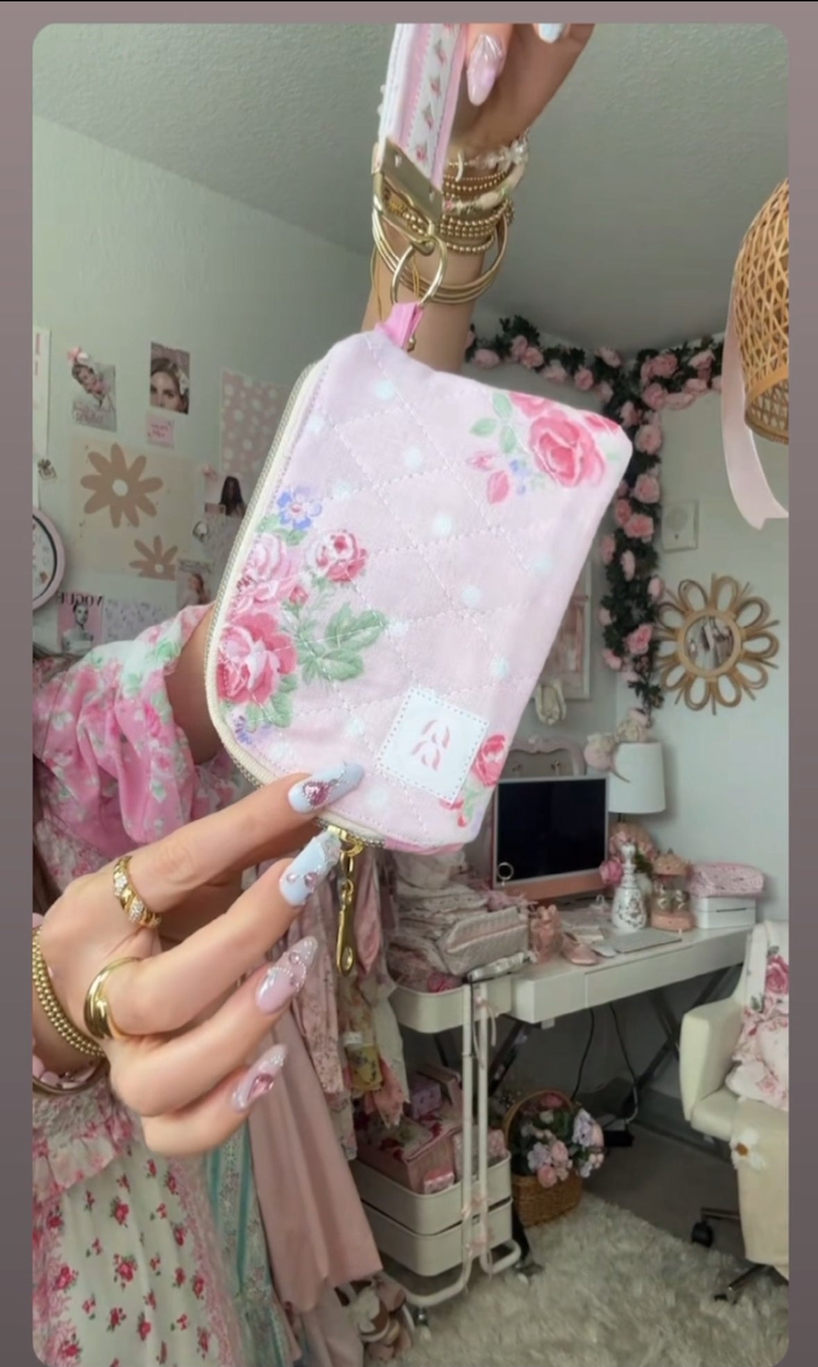 Quilted Pink Floral Card Holder with Small Lanyard Loop – Small Zippered Wallet for Women