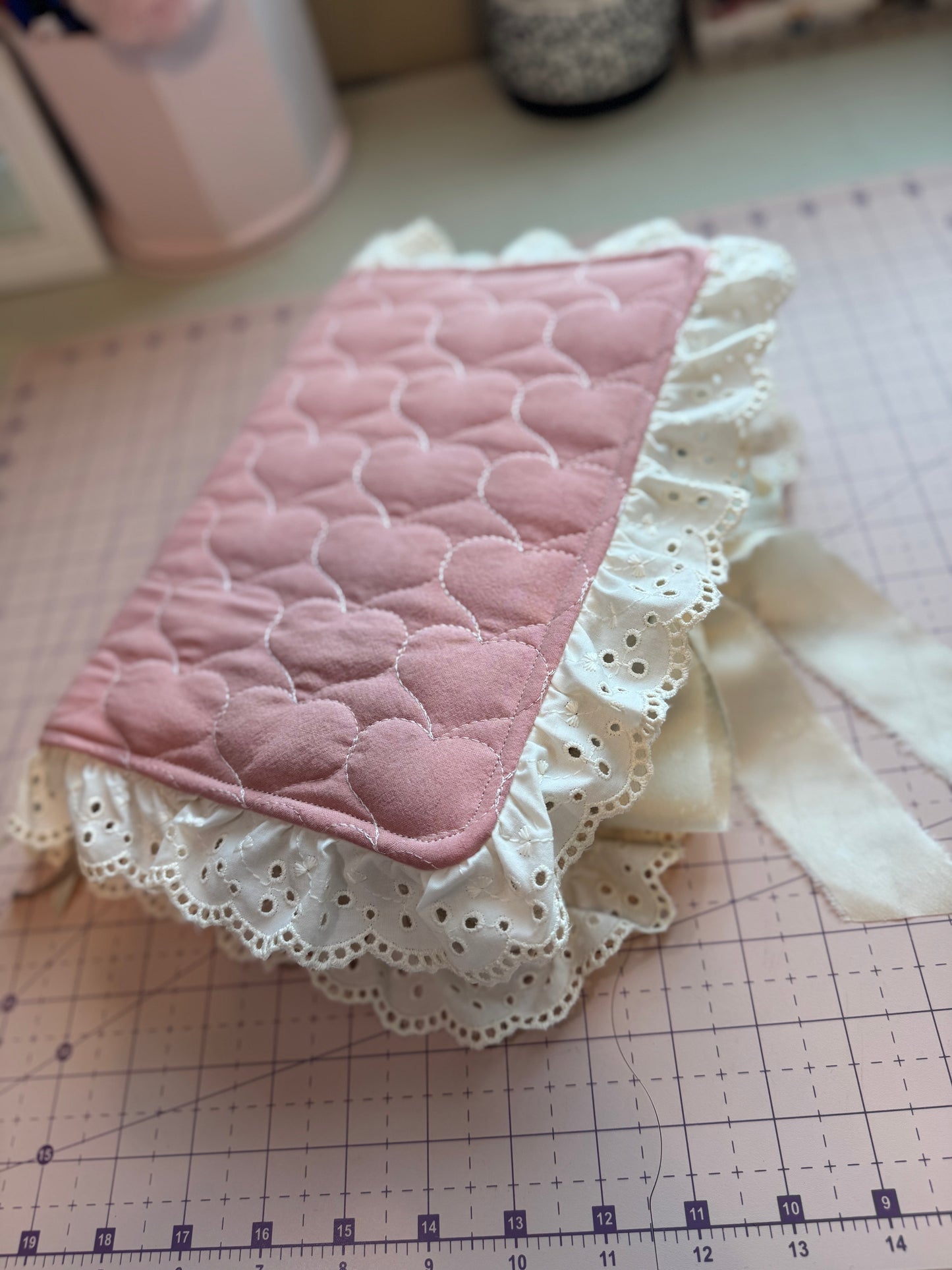 Pink Heart Quilted Bible Cover with Cream Lace & Satin Bow