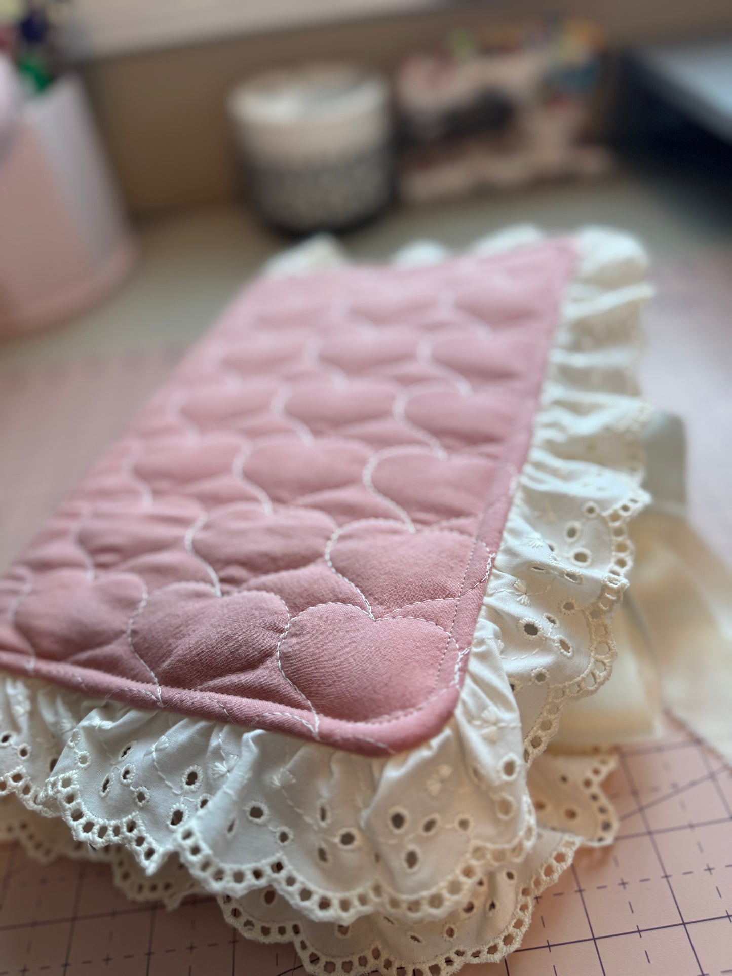 Pink Heart Quilted Bible Cover with Cream Lace & Satin Bow