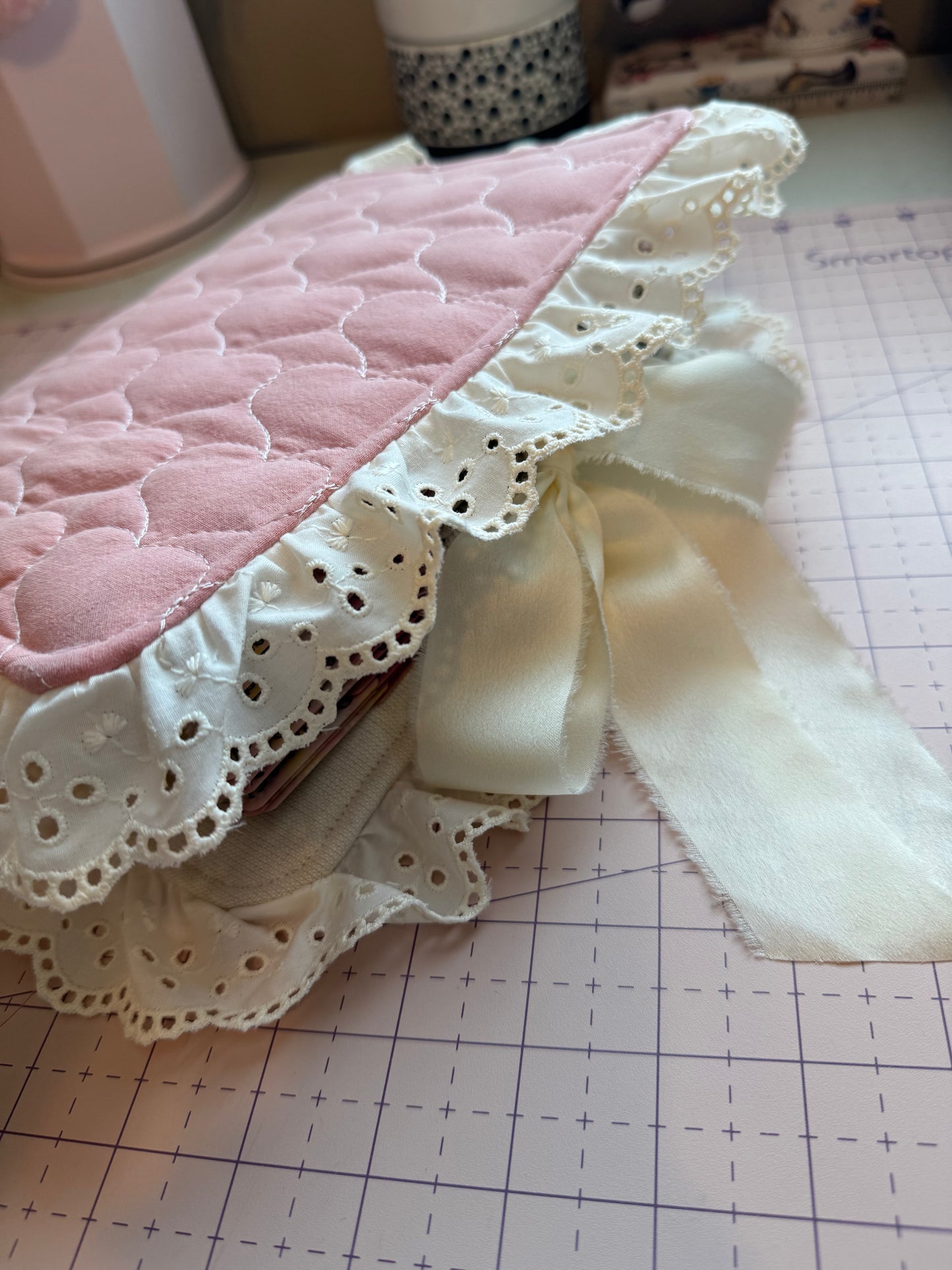 Pink Heart Quilted Bible Cover with Cream Lace & Satin Bow