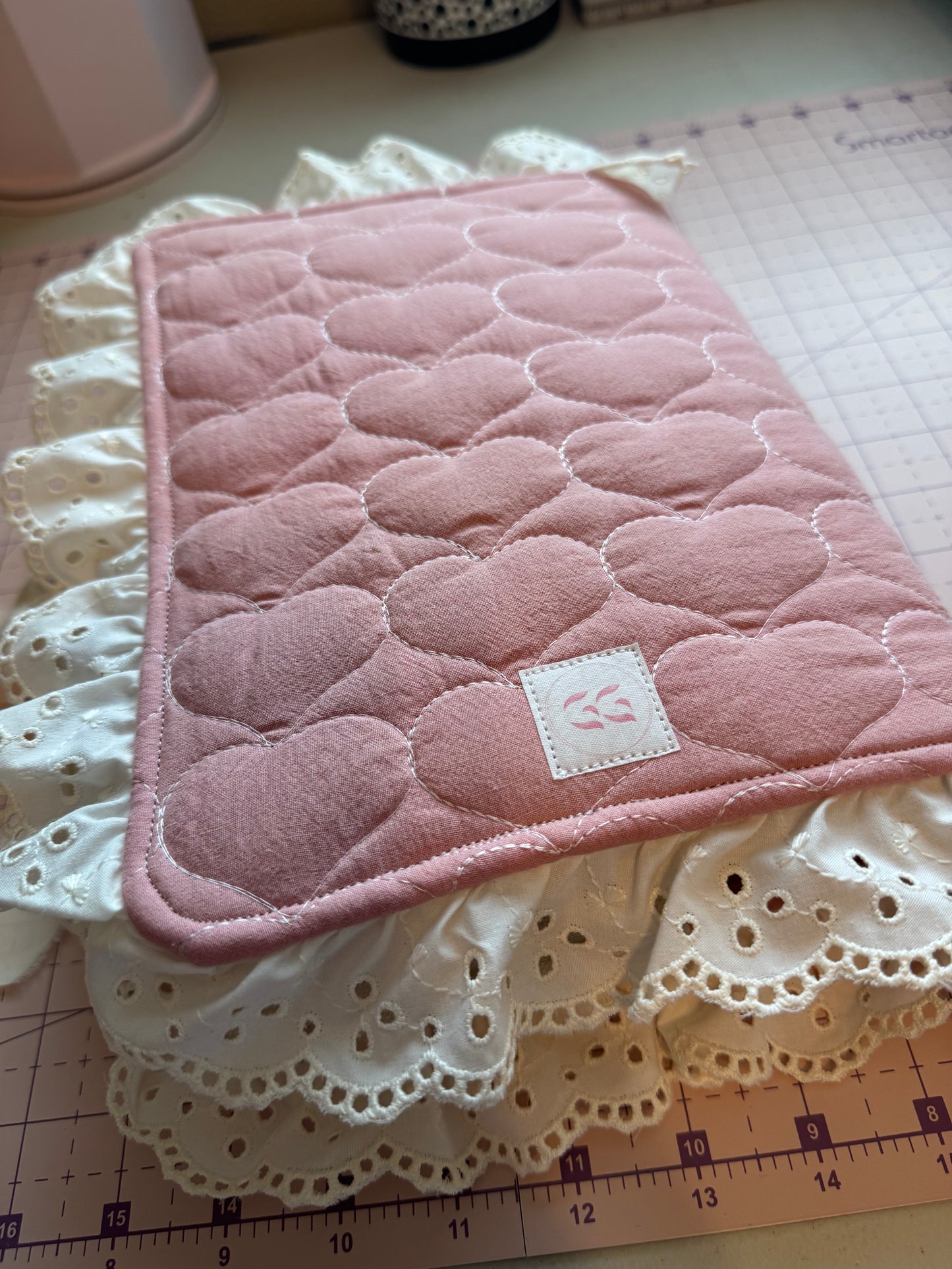 Pink Heart Quilted Bible Cover with Cream Lace & Satin Bow