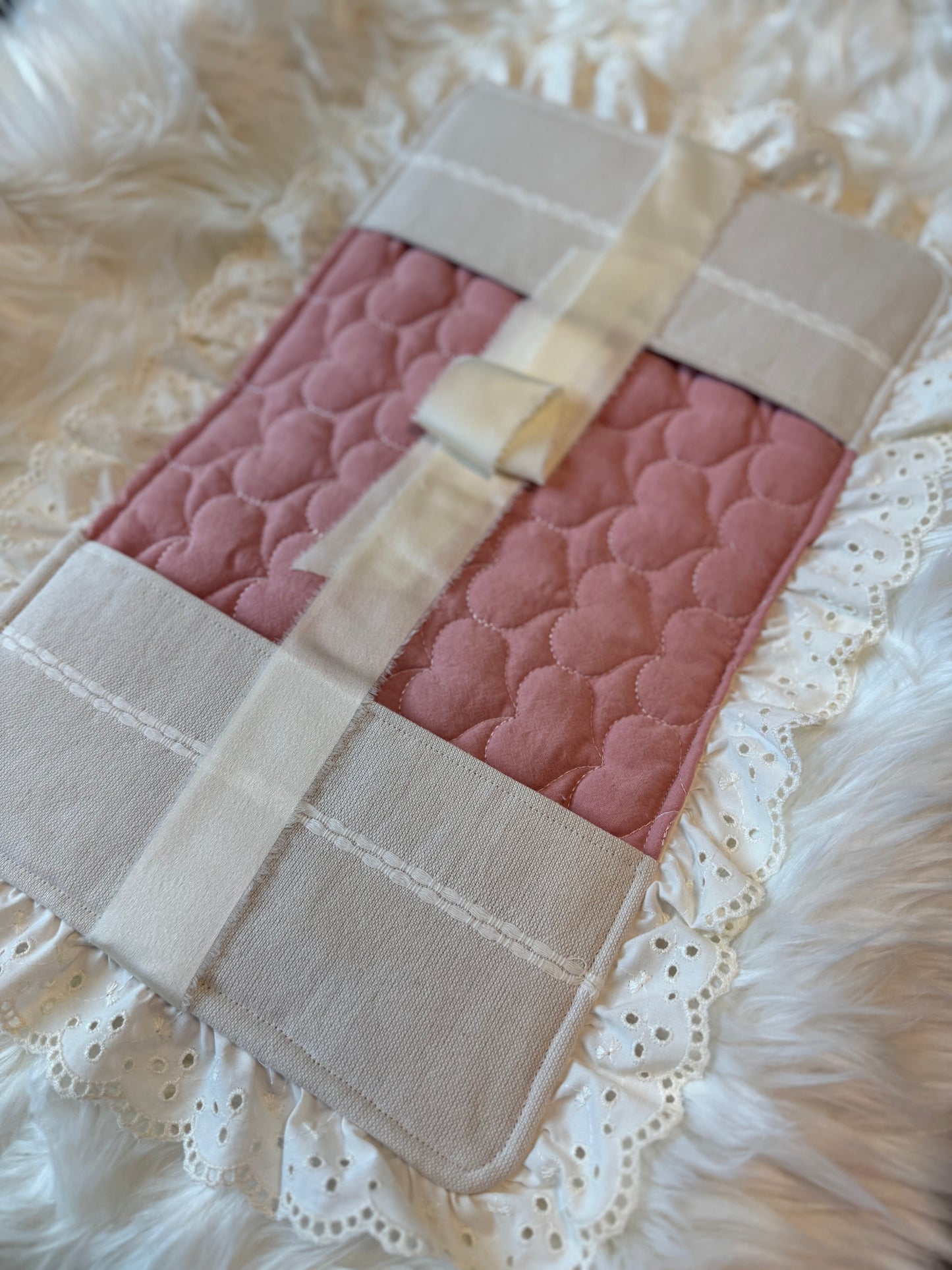 Pink Heart Quilted Bible Cover with Cream Lace & Satin Bow