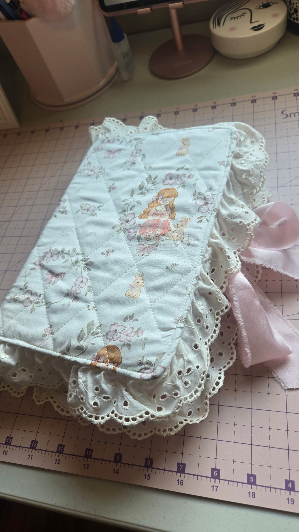 Quilted Bible Cover Cute Girl and Bunny Print Pink Satin Bow White Lace for Women & Girls