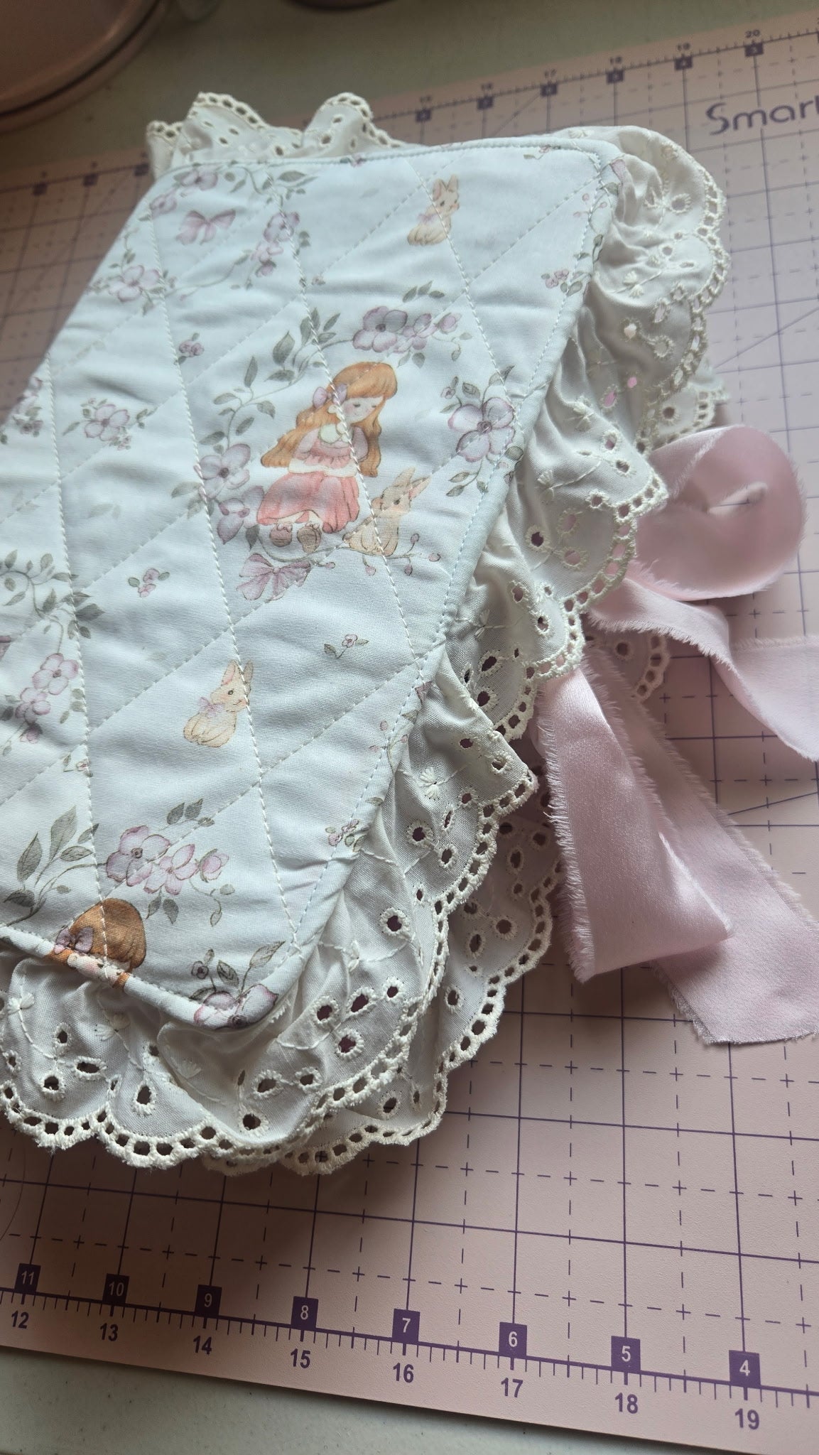 Quilted Bible Cover Cute Girl and Bunny Print Pink Satin Bow White Lace for Women & Girls