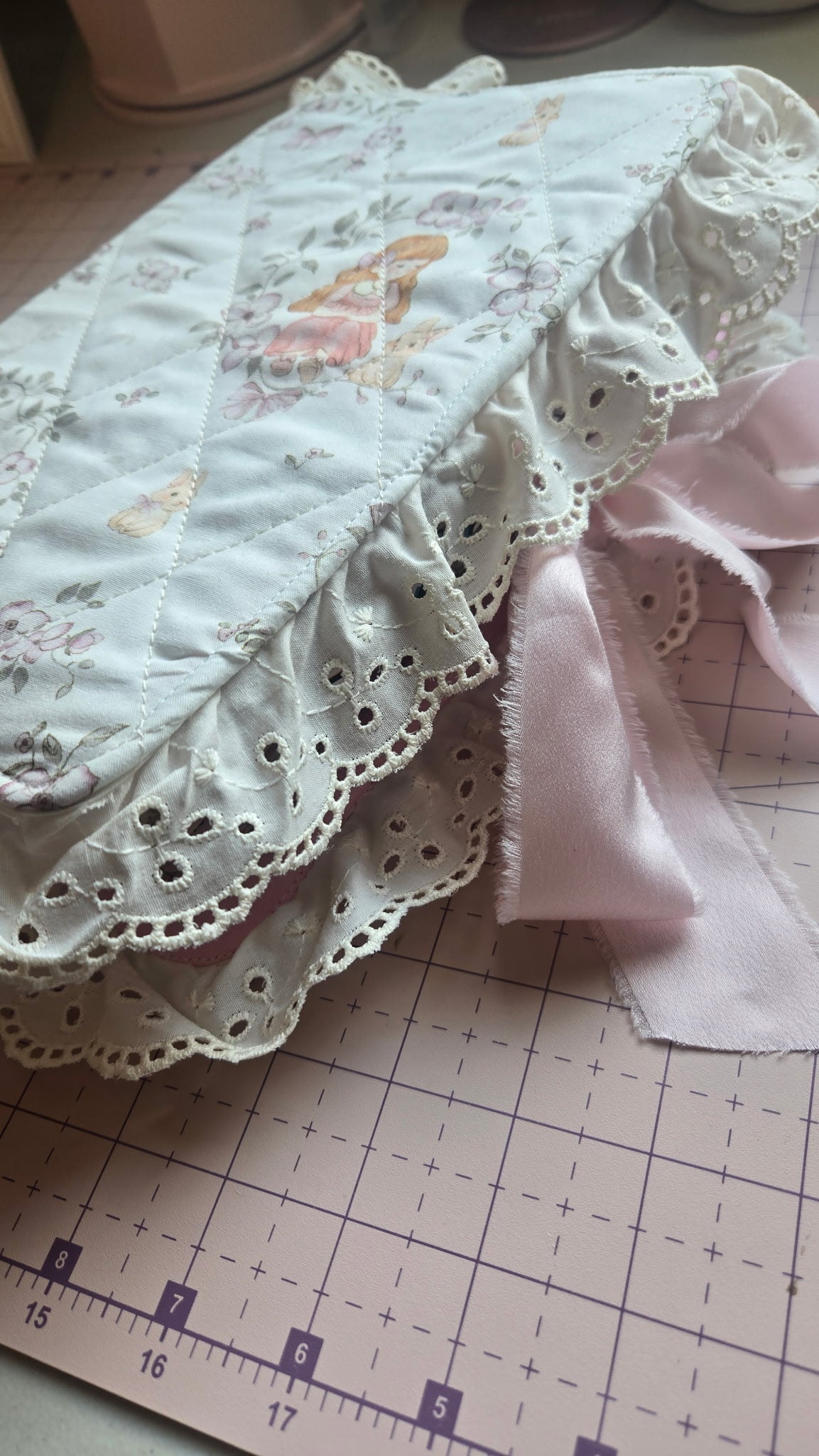 Quilted Bible Cover Cute Girl and Bunny Print Pink Satin Bow White Lace for Women & Girls