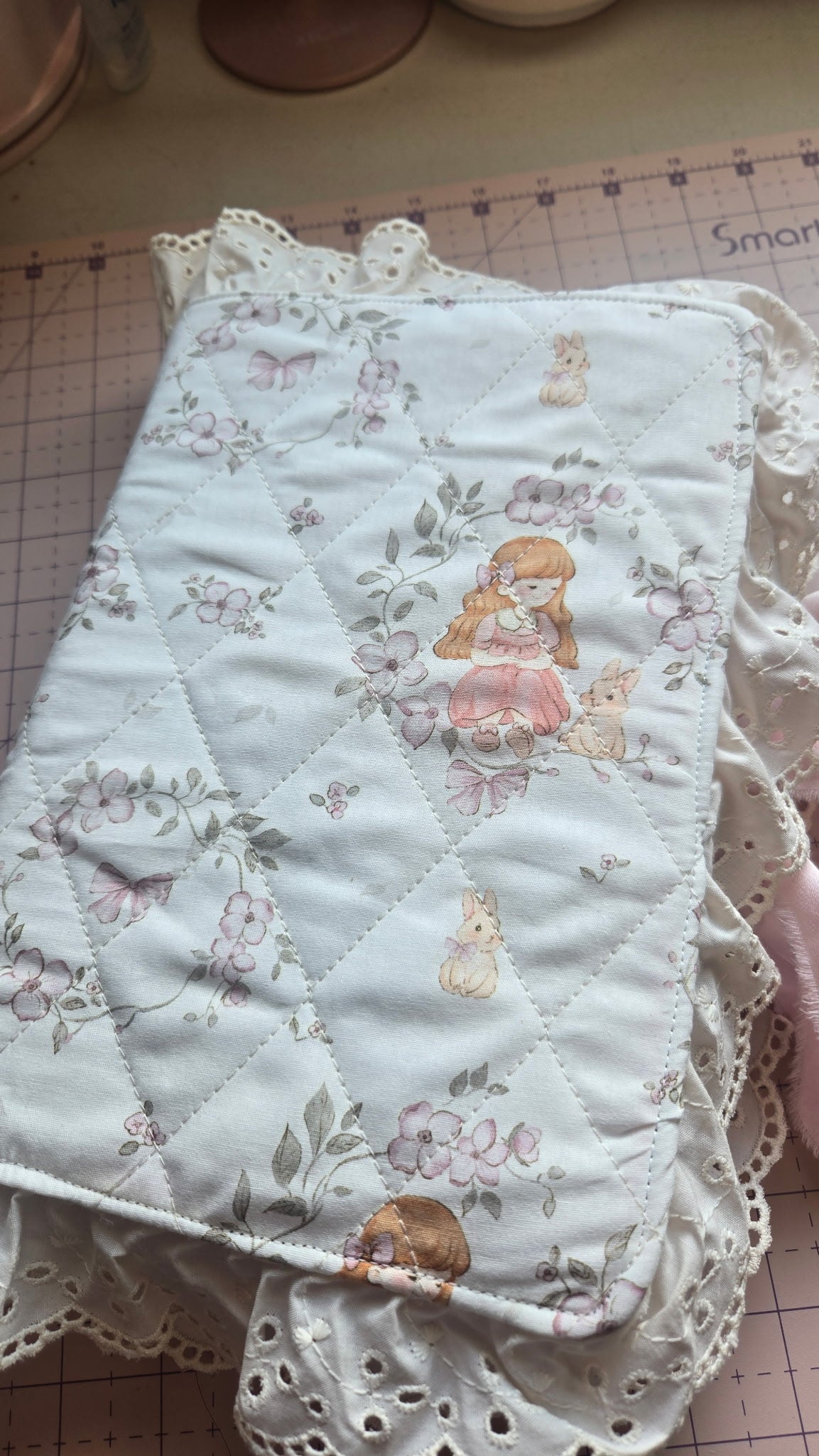 Quilted Bible Cover Cute Girl and Bunny Print Pink Satin Bow White Lace for Women & Girls