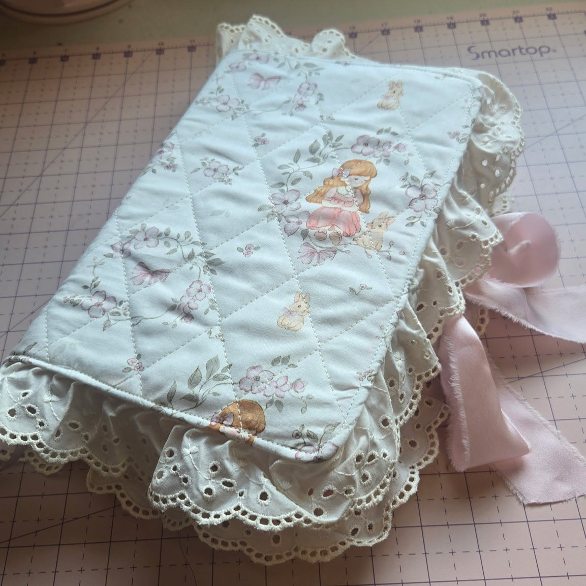 Quilted Bible Cover Cute Girl and Bunny Print Pink Satin Bow White Lace for Women & Girls