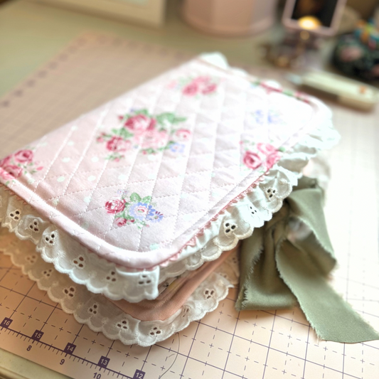 Pink Floral Quilted Bible Cover with Lace Trim and Satin Bow – Feminine Bible Case, Gift for Her