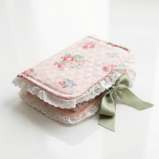 Pink Floral Quilted Bible Cover with Lace Trim and Satin Bow – Feminine Bible Case, Gift for Her