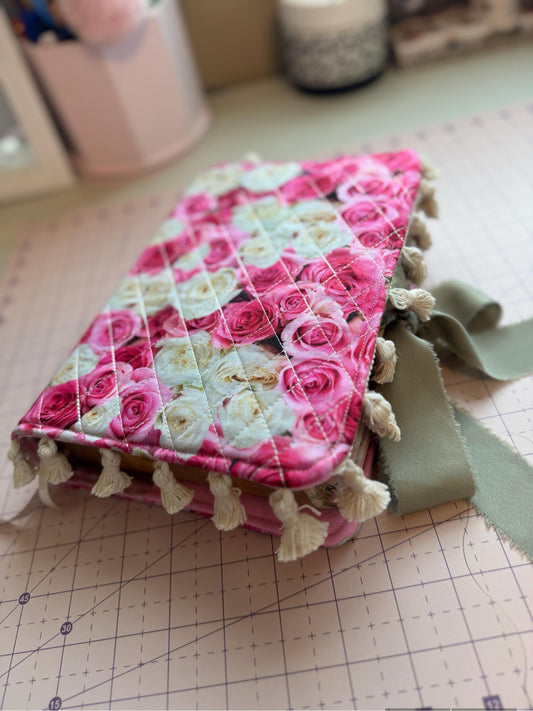 Handmade Quilted Bible Cover – Pink Rose Print, Polka Dot Lining, Tassels & Green Satin Bow