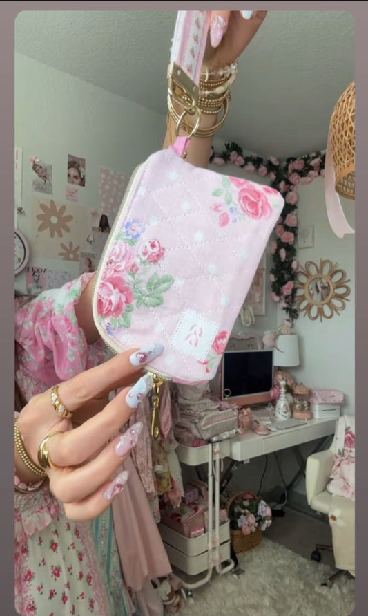 Quilted Pink Floral Card Holder with Small Lanyard Loop – Small Zippered Wallet for Women