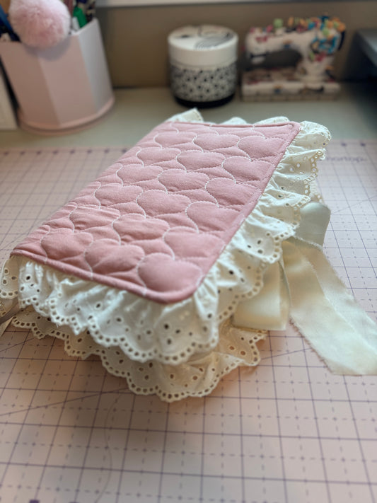 Pink Heart Quilted Bible Cover with Cream Lace & Satin Bow