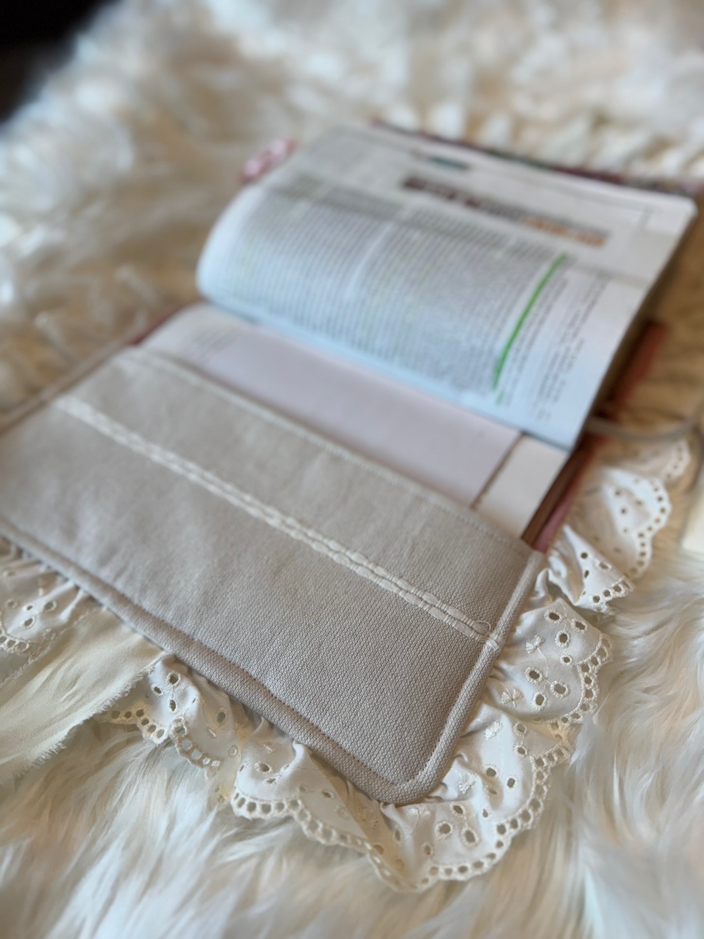 Pink Heart Quilted Bible Cover with Cream Lace & Satin Bow
