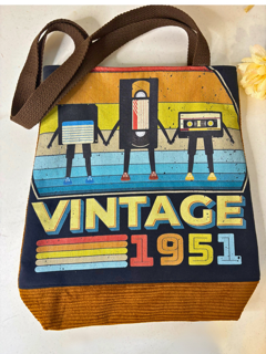 Retro Charm Corduroy Tote Bag – Upcycled Vintage Cassette Design T-shirt
